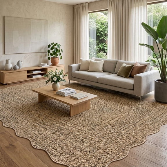 CAROMIO 6' x 9' Beige Washable Scalloped Solid Area Rug for Living Room Braided Print Indoor Carpet Non-Slip Home Decor