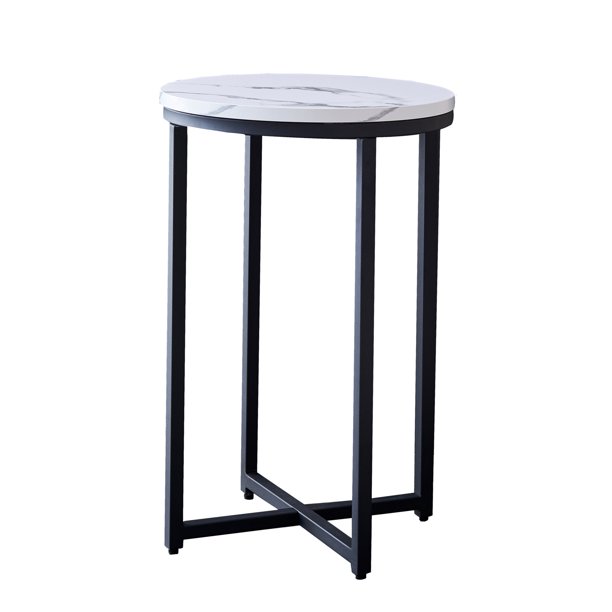 Small Round Side Table, End Table with Wood Faux Marble and Black Metal