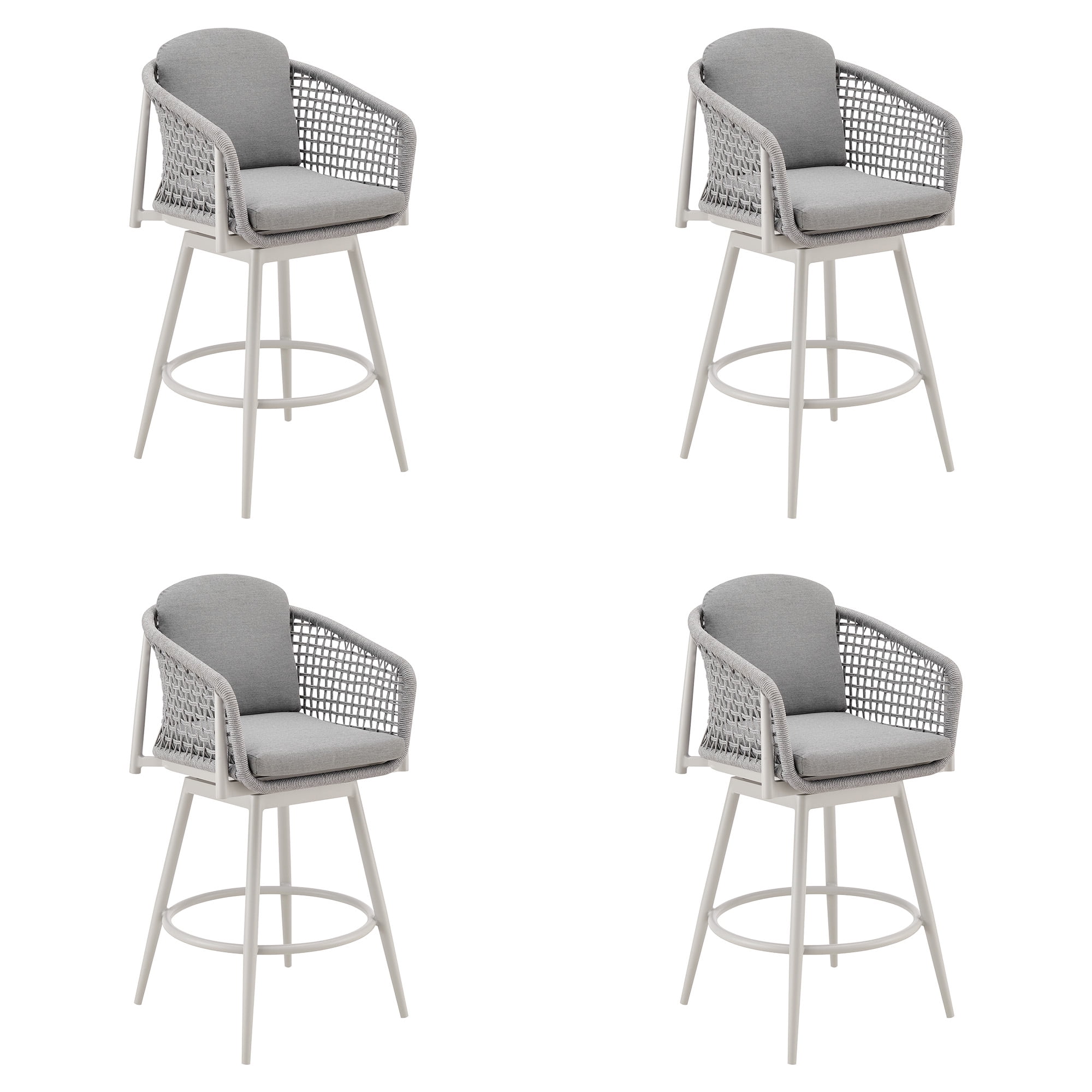 Rhodes Outdoor Patio Swivel Counter Stool in Aluminum with Light Gray Rope and Cushions - Set of 4