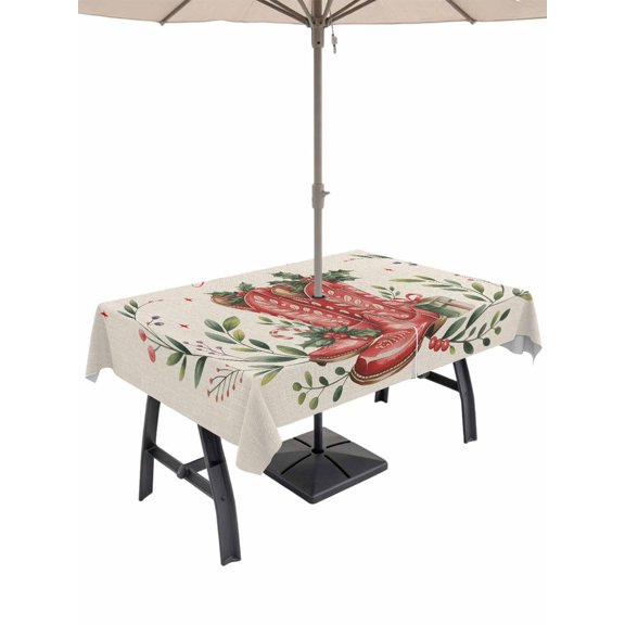 Outdoor Tablecloth with Umbrella Hole and Zipper, Christmas Rectangle Table Cloth 52x70 Inch Waterproof Tablecloth, Farmhouse Vintage Red Boots Berry Leaves Picnic Table Cover for Patio Camping