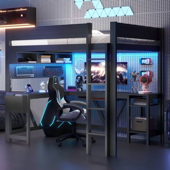 MINESTIA  Full Size Gaming Loft Bed with Desk, Wooden Loft Bed Frame with LED Lamp & Charging Station for Teens, Adults