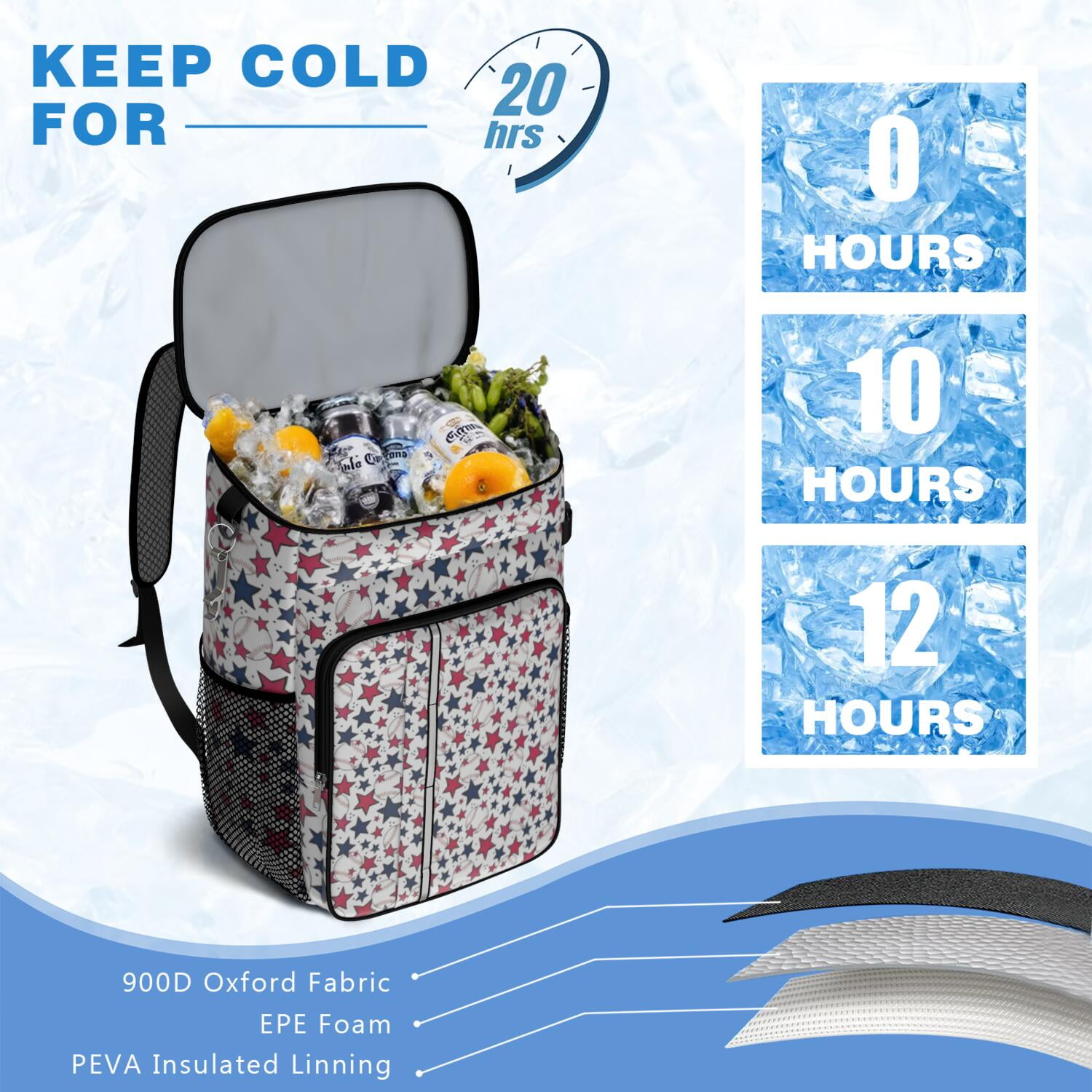 Travel Cooler Bag - Red White Blue Baseballs and Stars Pattern Camping Beer Cooler Backpack with Bottle Opener- Waterproof Insulated Picnic Backpacks - Cooler Bag for Beach