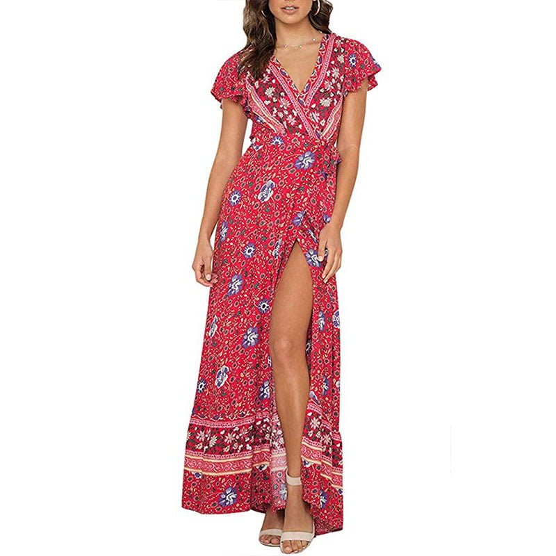 ACHIOOWA Women Maxi Dress Boho Long Wrap Dress Deep V Neck Casual Dot Polka Summer Dress Spilt Beachwear Cover Up Prom Dresses 