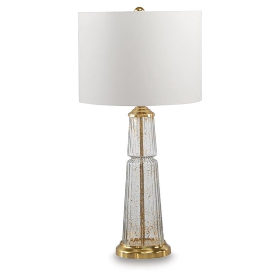 Signature Design by Ashley Bakersboro Glass Table Lamp, Clear Fluted Glass with Gold Flecks, 25" Tall, Drum Shade