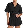 thumbnail image 3 of DHFJKG 2 Piece Outfits For Women Summer Sets Short Sleeve Button Down Lapel Oversized Shirts And Shorts Tracksuit Cozy Outfit, 3 of 9
