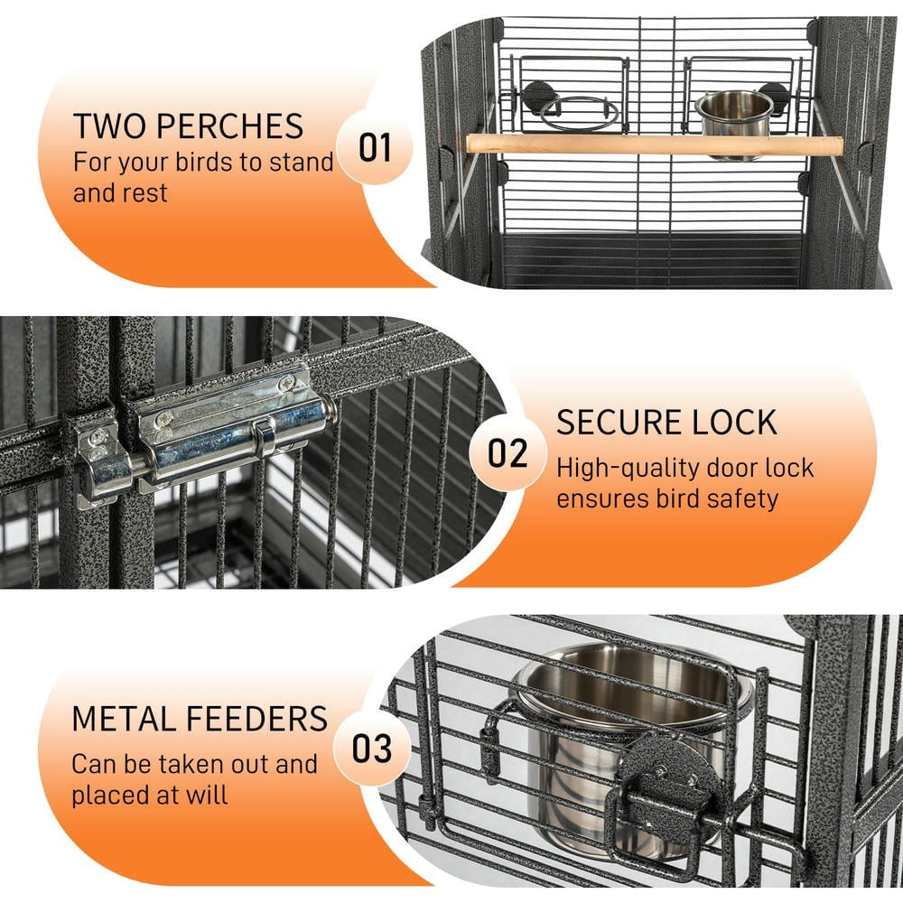 GVN Bird Cage, Small Bird Habitat,65-Inch Wrought Iron Large Rolling Bird Cage with Play Top And Stand for Parrots Lovebird Cockatiel Parakeets, Black