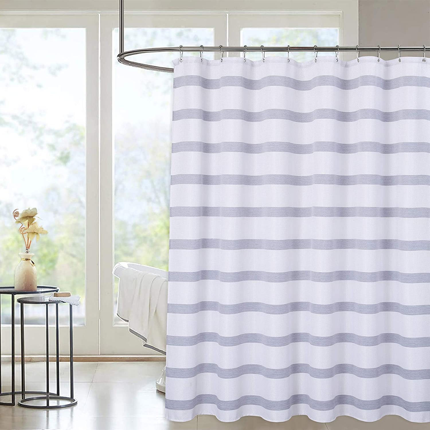 EastVita Navy Blue Shower Curtain with Yarn Dyed Striped Design, Waffle