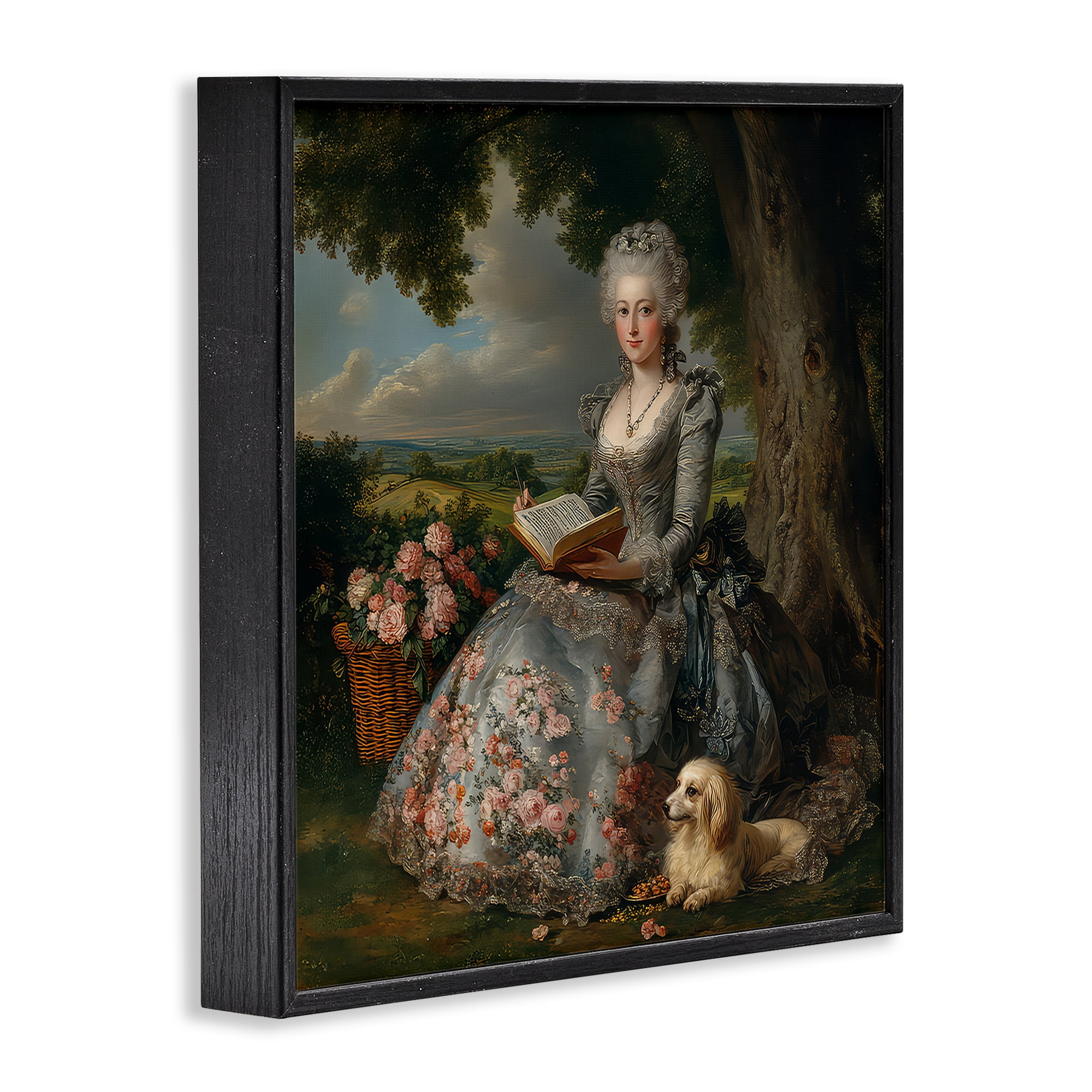 Stupell Industries Reading Rococo Lady with Dog Black Framed Giclee Art, design by The Wands Want