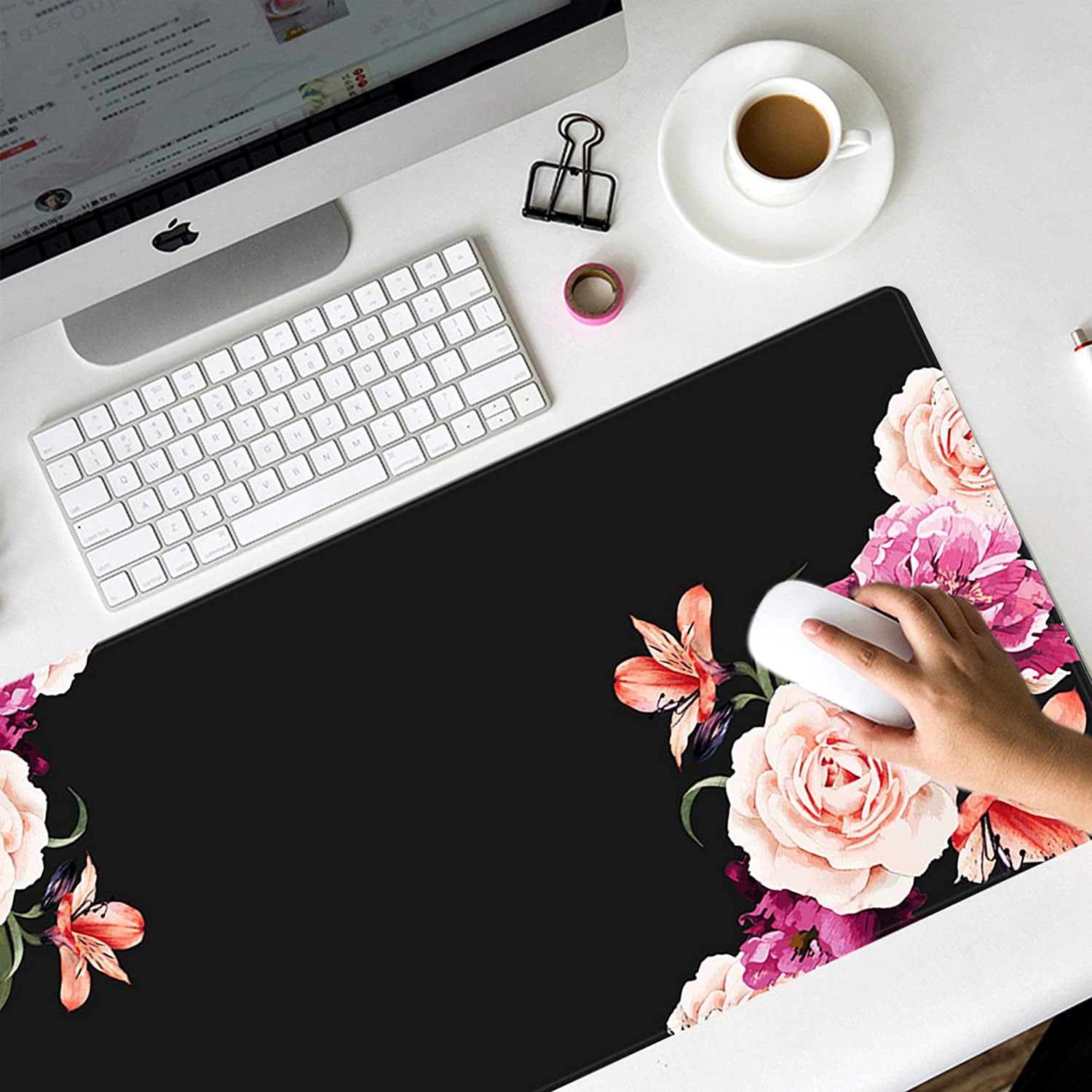Large GamingNon-Slip Rubber Base Computer Premium-Textured & Waterproof Mouse Pad for Desk, 35.1 x 15.75-inch 2.5mm Thick, Peony Flower