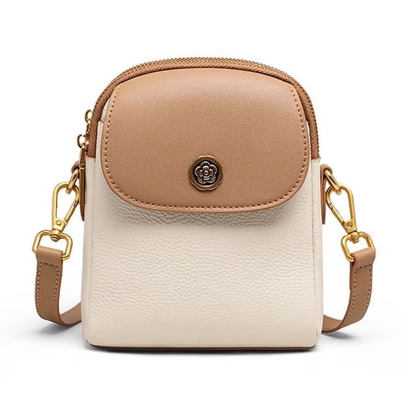 Genuine Cowhide Women Crossbody Bag, Off-white Mini Shoulder Purse with Flower Lock