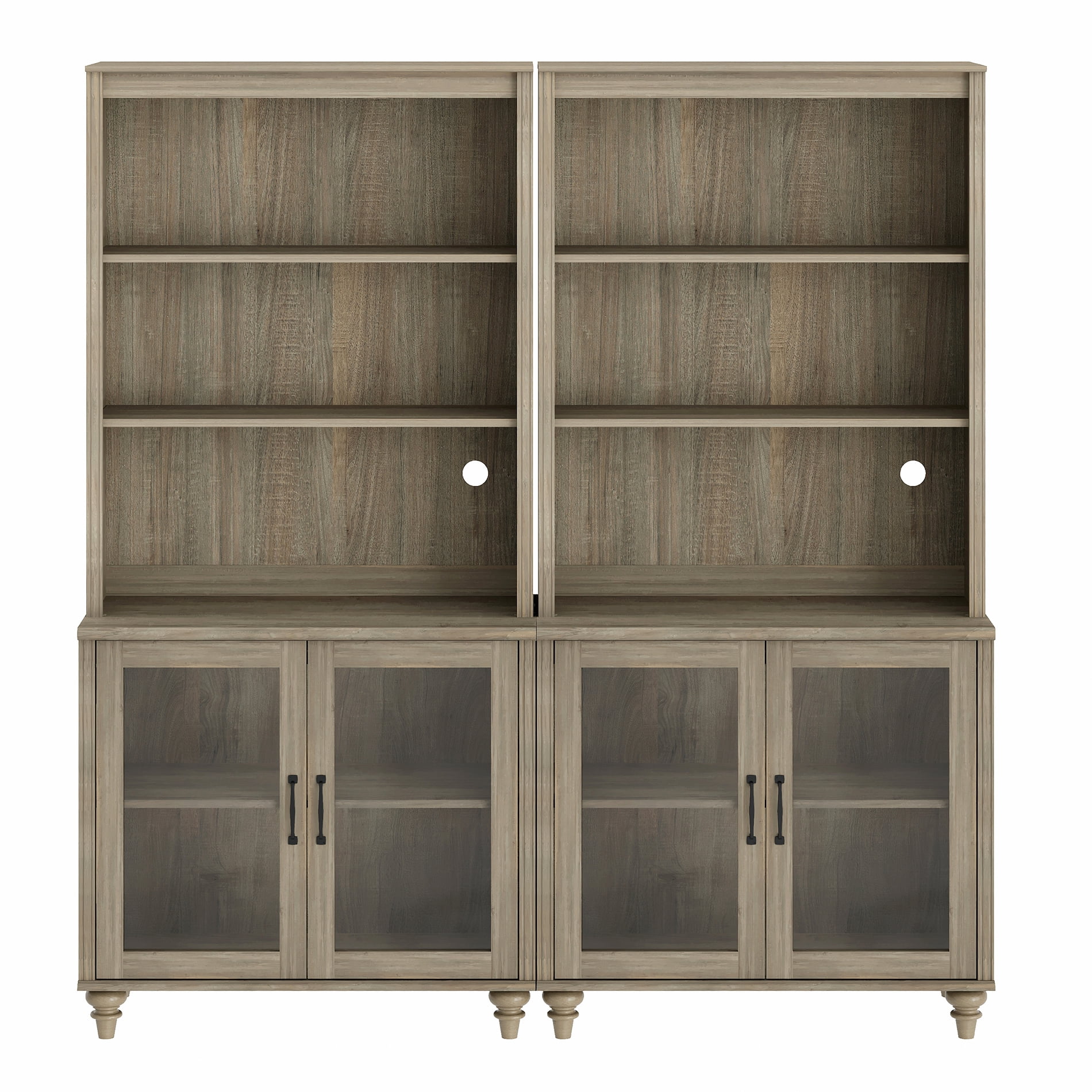 Farmhouse 5 Tier Bookcase With 4 Glass Doors, Wash Gray, 67.7" W