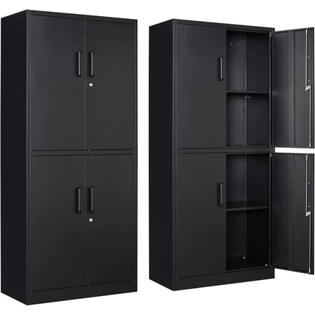 STANI Metal Storage Cabinet, Locking Steel Cabinet with 4 Doors and 2 Adjustable Shelves, 71" Tall Steel Cabinet for Home Office, Garage, School (Black)