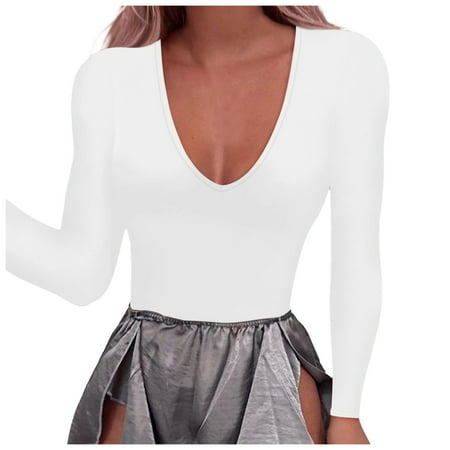 BYHONG Women s Long Sleeve Bodysuit: Sexy Deep V Neck Double Lined Thong Body Suit Tops For Going Out White M