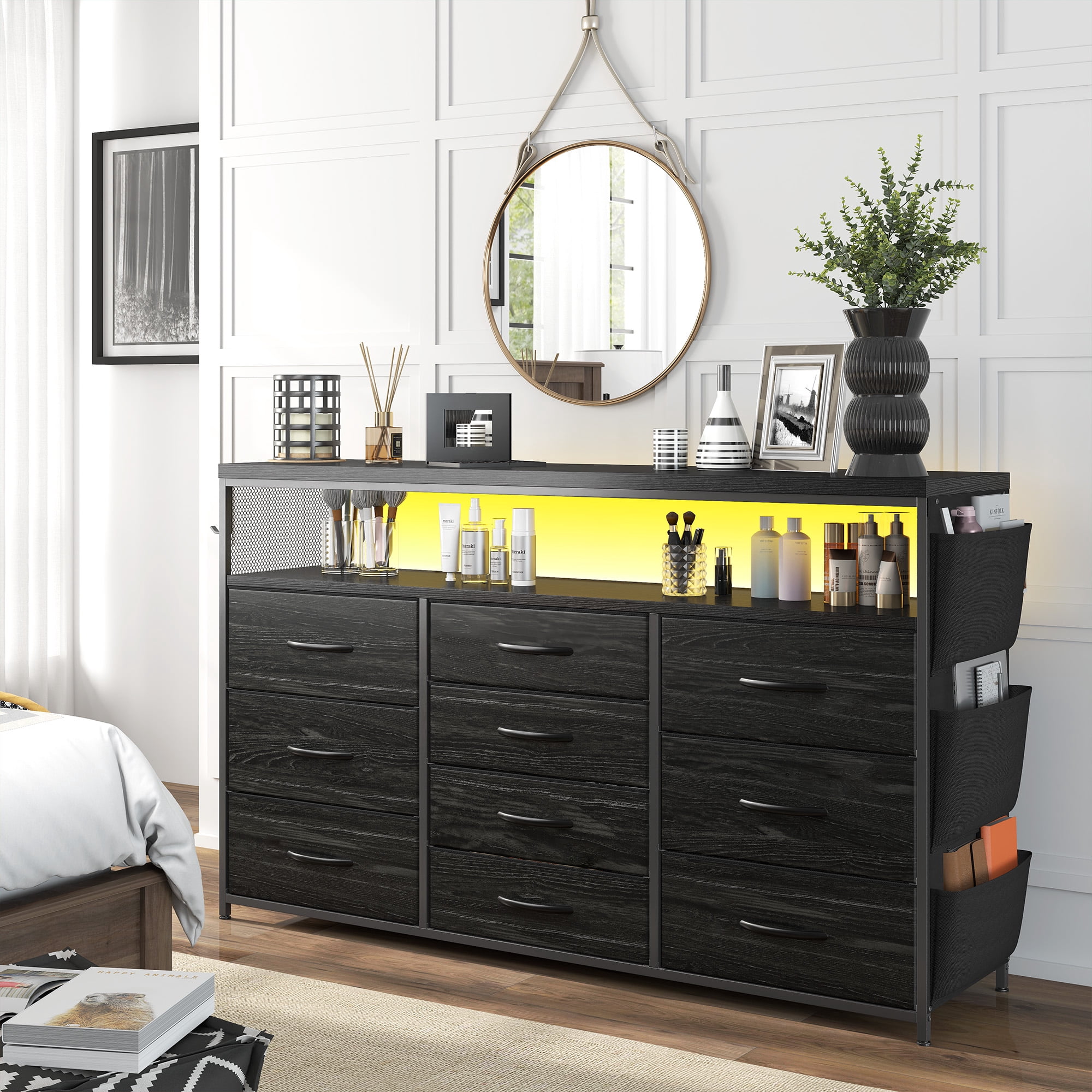 Romorgniz 10 Drawer Dresser,Black Dressers for Bedroom TV Stand with Power Outlets & LED Lights & Entertainment Center,Chest of Drawers with Shelves & Side Pockets & Hook Fabric