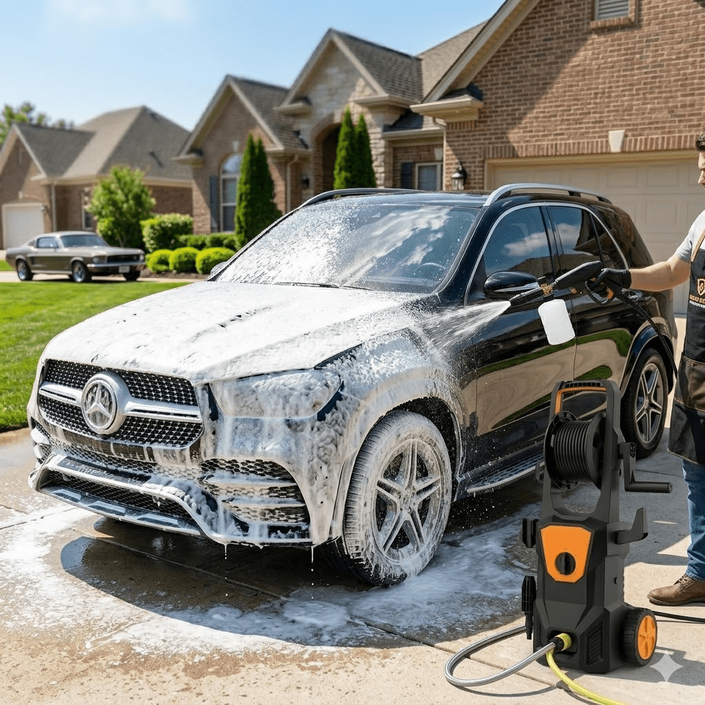 Electric Pressure Washer, 1600W Portable Power Washer with Hose Reel, Foam Cannon, Spray Gun, 7M High Pressure Hose & Quick Connect Kit, Pressure Washer Electric for Cars, Driveways, Patios &