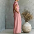 thumbnail image 4 of Womens Casual Two Piece Outfit Short Sleeve Collared Shirt High Waist Wide Leg Pants with Pockets Solid Color Loungewear Set Pink L(L), 4 of 6