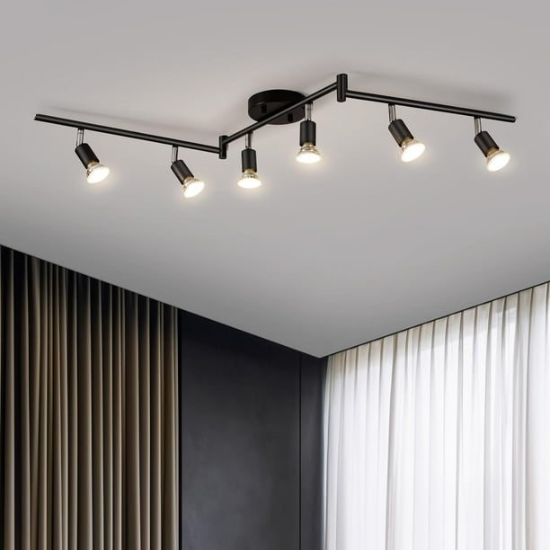 Bojim - Kit de iluminación LED de 6 luces, iluminación de techo con cabezales de luz ajustables y brazos de luz plegables, iluminación de pista de cocina negra mate (enchufe GU10, bombillas no