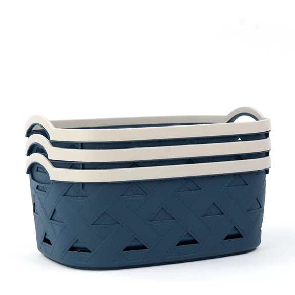 Organizing Essentials Plastic Storage Basket Set of 3 – Blue & Cream Decorative Bins with Handles – Designer Leather Pattern Organizer Baskets, 10.6L Each