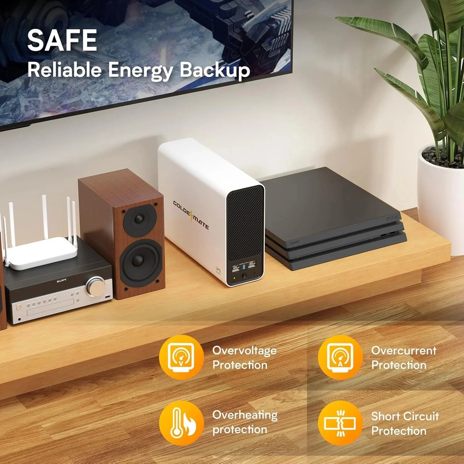 GOLDENMATE 1000VA/600W Lithium UPS Battery Backup & Surge Protector, 153.6Wh LiFePO4 Battery, Sine Wave, 10-Year Lifespan, 8 Outlets, LCD Display