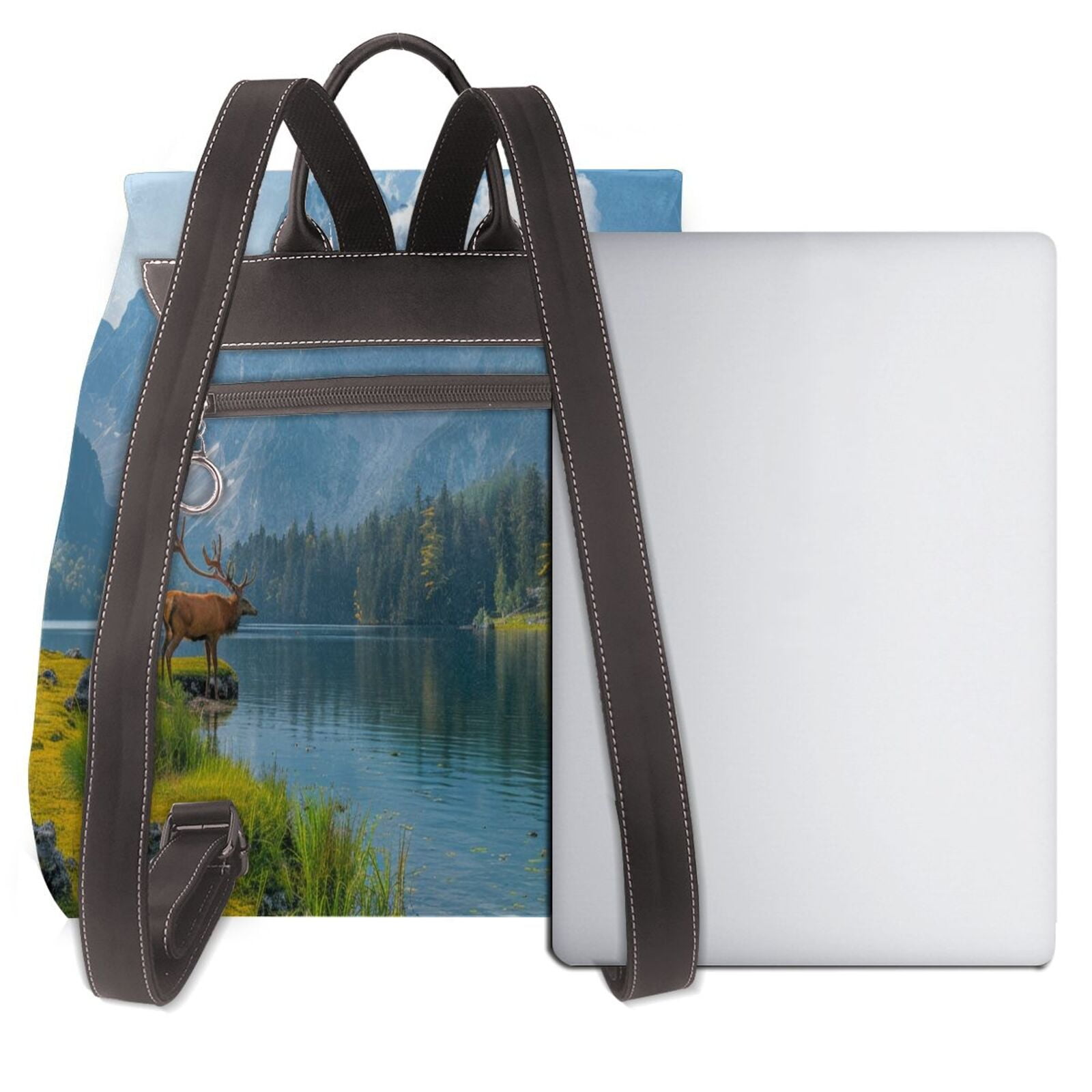 Defioc Majestic Deer Mountain Lake Print PU Leather Backpack