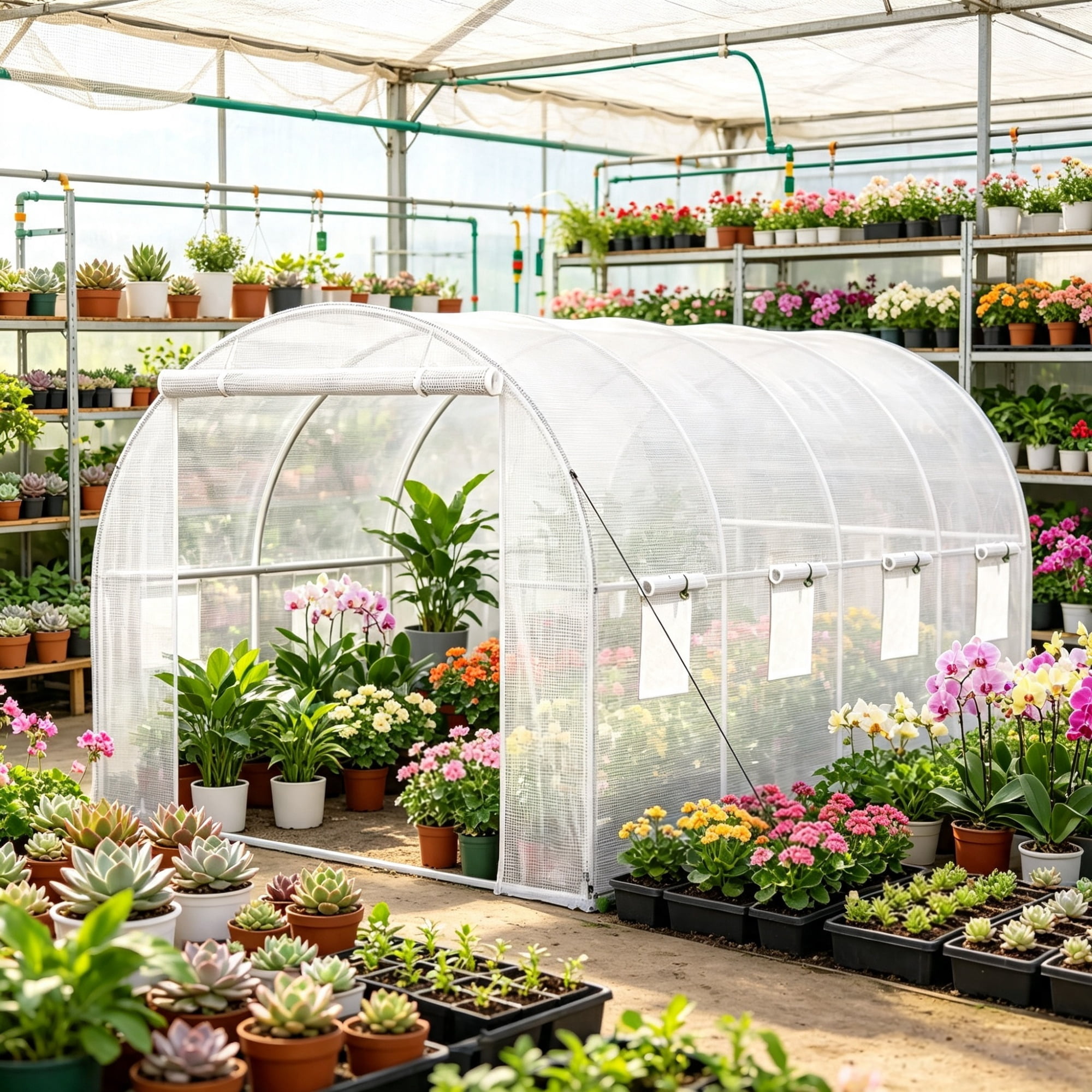 Walk-in Greenhouse, Portable Plant Hot House with Galvanized Steel Hoops, 1 Top Beam & Diagonal Poles, Zippered Door & 8 Roll-up Windows, White 15 x 6.5 x 7ft