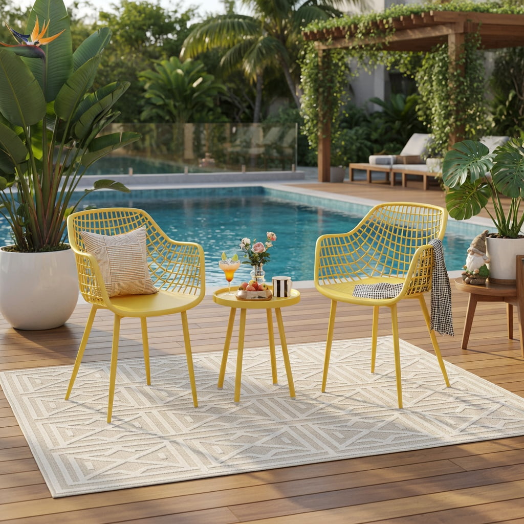 Hommoo 3-Piece Outdoor Patio Chair Set with PP Seat & Coffee Table, Metal Bistro Set for Backyard, Balcony, Poolside, Yellow