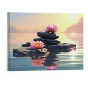 Creowell Yoga Room Wall Decor, Canvas Print Zen Concept Art Poster, Spa Stones and Waterlily in Lake at Sunset Picture, Bathroom Meditation Room Decoration 20x16 in