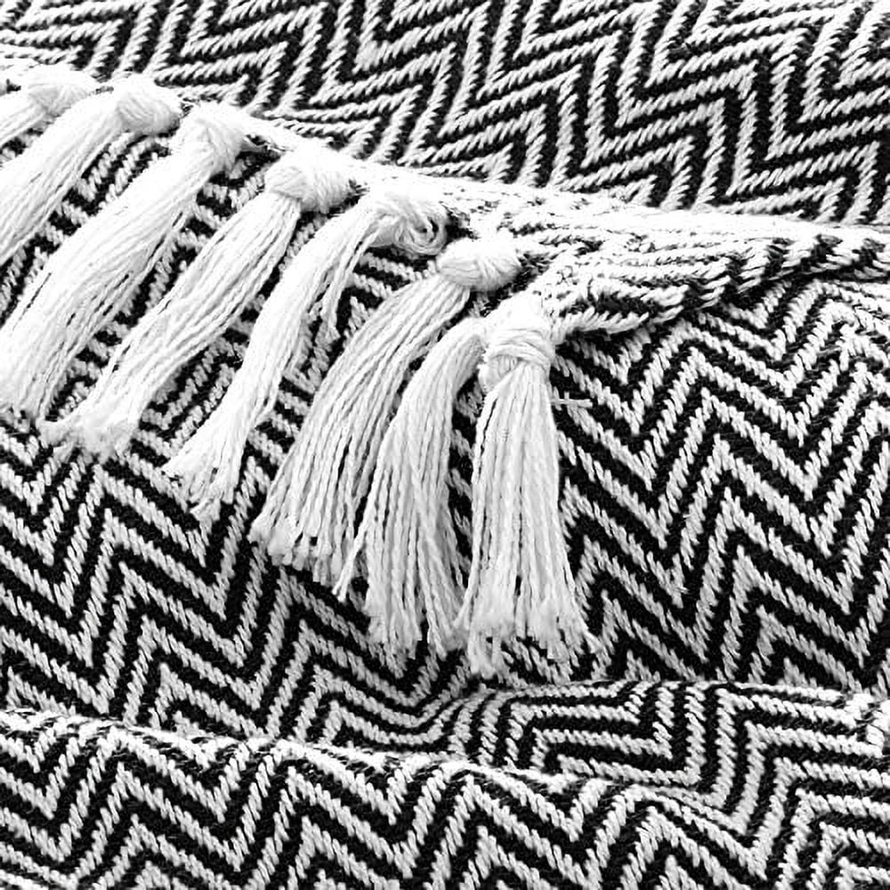 Americanflat 50x60 Throw Blanket, 100% Cotton with Fringe, Black and White Herringbone, all seasons blanket