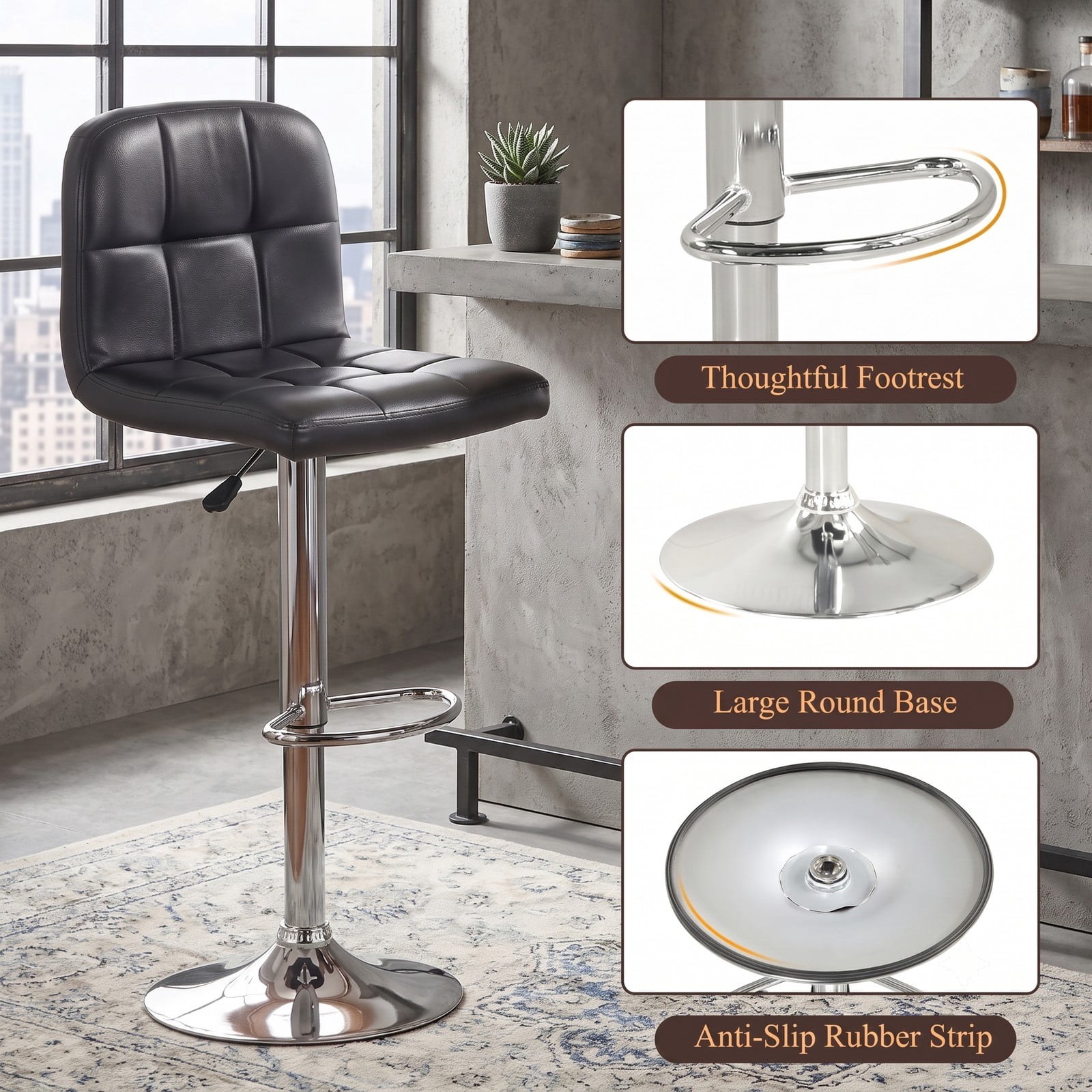 Furnibear Swivel Bar Stools Set of 2, 24-32 Inch Adjustable Height Counter Barstools with Footrest and Backrest, 360 Degree Swivel Faux Leather Cushioned, Black