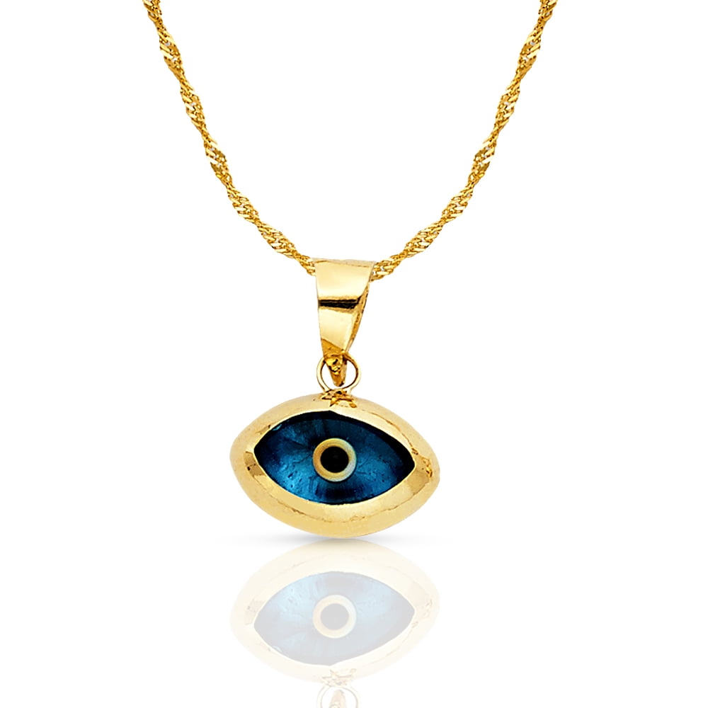 Ioka - 14K Yellow Gold Blue Evil Eye Charm Pendant with 1.2mm Singapore