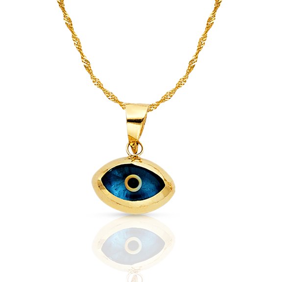 14K Yellow Gold Blue Evil Eye Charm Pendant with 1.2mm Singapore Chain Necklace