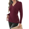 thumbnail image 3 of Women V Neck Long Sleeve Sweaters Criss -Wrap Ruched Pullover Fall Tops Wine Red XL, 3 of 8