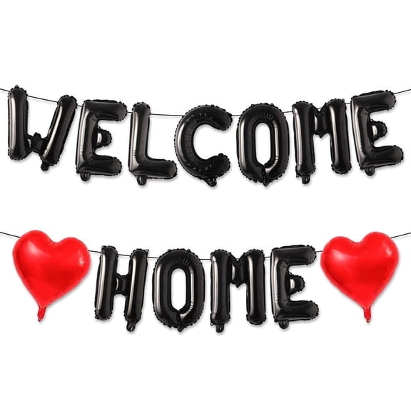 Wowhub Welcome Home Balloons Banner, Black Welcome Home Letter  with Red Heart, Housewarming Decorations for Family Homecoming, Loved Ones Return, Real Estate Open House Party Decor