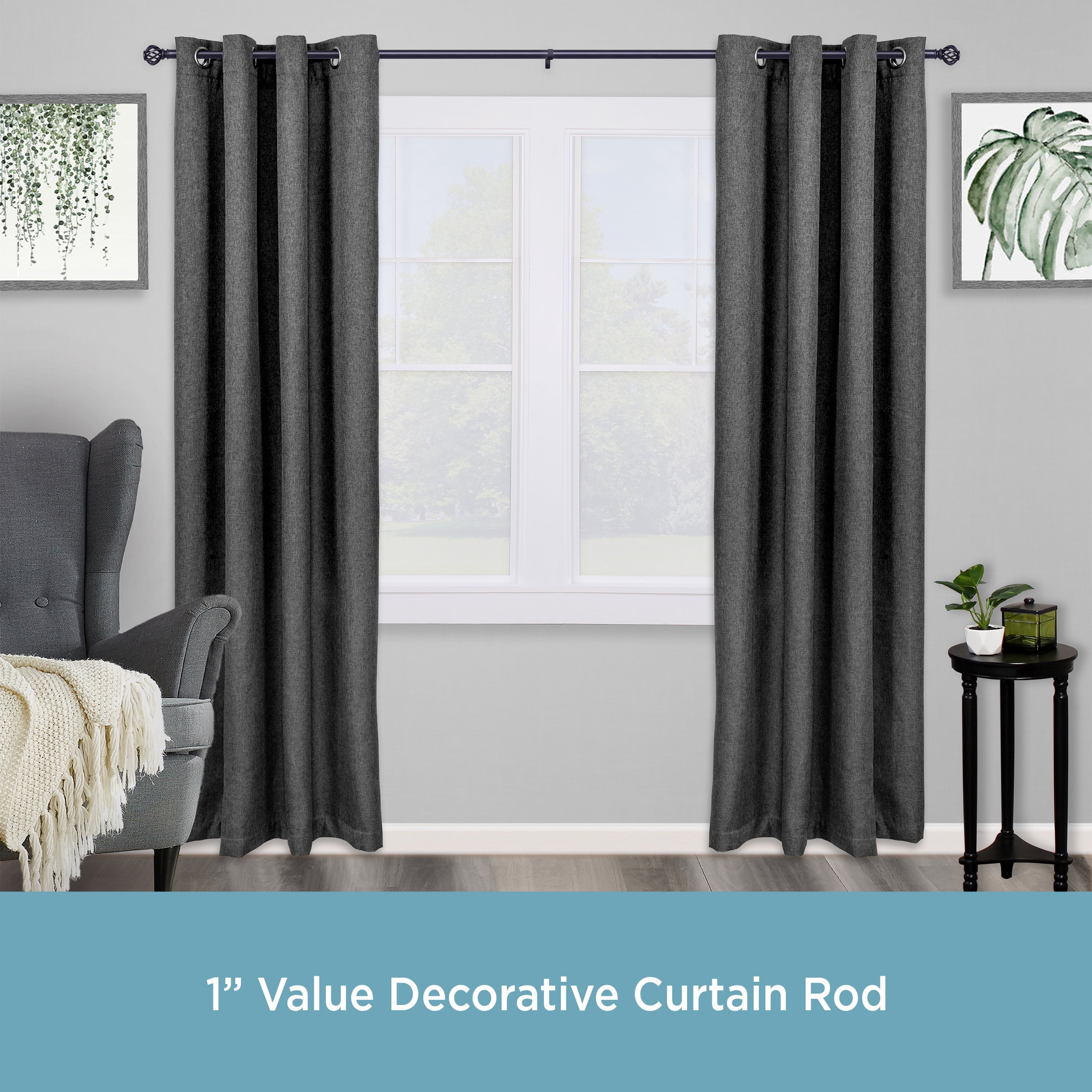 Kenney 1" Diameter Curtain Deco Rod 30" x 84", Modern Single Curtain Rod, Plastic Finial, Cage Style, Black