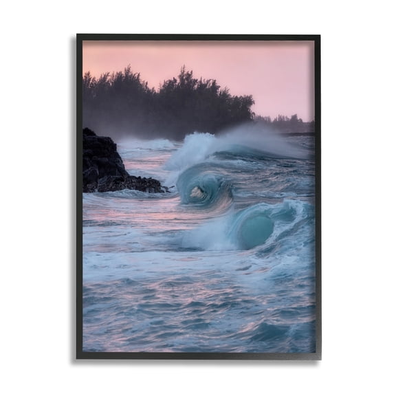 Stupell Industries Rolling Sea Waves Pink Sky Coastal Photography Black Framed Art Print Wall Art