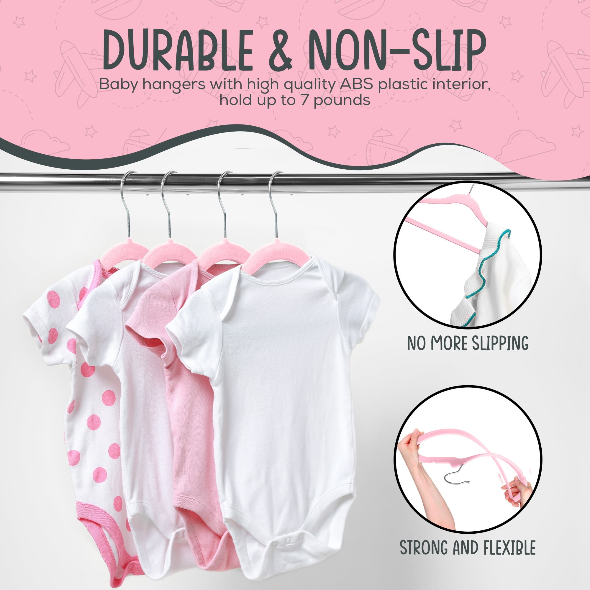 Techzoo Premium Baby Velvet Hangers 30 Pack – 11.8" Non Slip Felt Cloth Hangers for Closet – Ultra Slim, Space Saving Baby Clothes Hangers with 360° Swivel Hook Infant Hangers – Pink