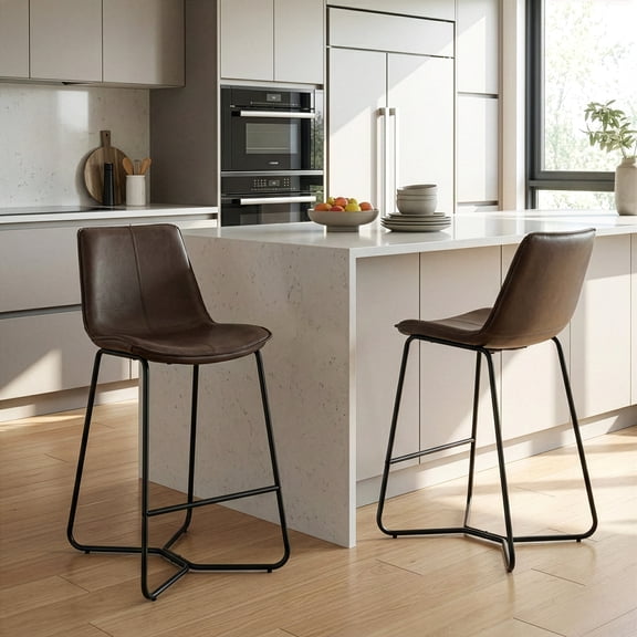 Set of 2 Amery Iron Frame Vintage Brown Faux Leather Counter Stool