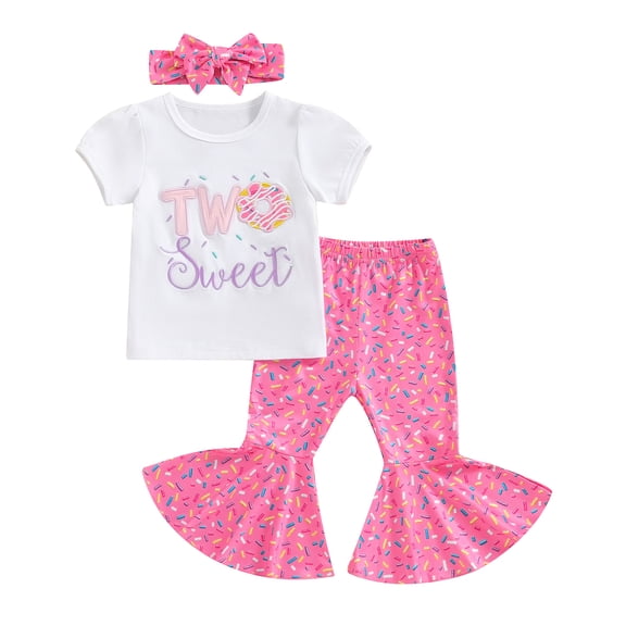 Musuos Toddler Girls Outfit, 1-3 Years Short Sleeve Crew Neck Letters Donut T-shirt with Flare Pants Headband Summer Outfit