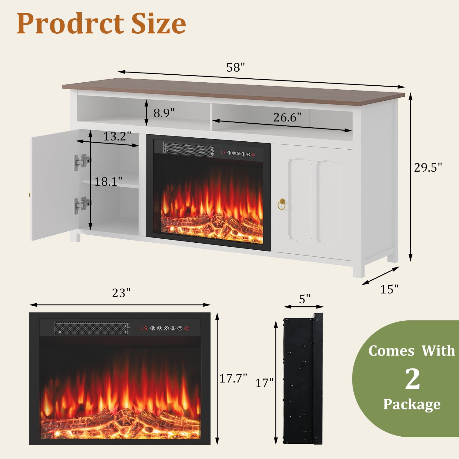 Waleaf 58" Farmhouse Fireplace TV Stand up to 65" with 23" Electric Fireplace,Media TV Console with Open Storage Shelves and Cabinets for Living Room