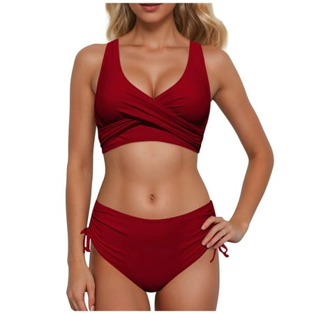XUELUO Womens Bikinis Solid Color Elastic Seamless Criss Cross Bra And High Waist Panty Set Two Pieces Swimwears Activewear