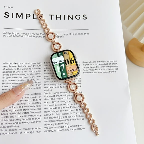 Women Girls Smartwatch Band for iWatch Ultra 2/1 Series 9 8 7 6 5 4 SE 3 2 1, Zinc Alloy Adjustment Mother of Pearl Chain Stylish Bracelet Strap for Apple Watch 49mm 45mm 44mm 42mm, Rosegold