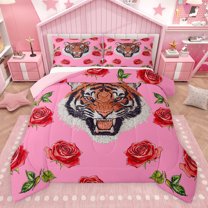 Feelyou Jungle Wildlife Tiger Bedding Comforter Set for Kids, Rose Flower Floral Twin Comforter Sets, Pink Cartoon Animal Theme Reversible Bedding Set, Super Cozy Room Decor, 2pcs