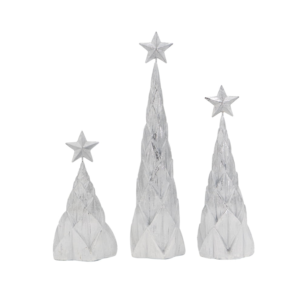Set of 3 White Polyresin Christmas Trees Silver Foil Finish Star Toppers Tabletop Holiday Decor
