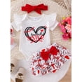 thumbnail image 5 of Aojekbee Baby Girl Baseball Outfit, Letter Print Short Sleeve Romper Layered Ruffle Shorts Bow Headband 3 Piece Set for Summer, 5 of 10