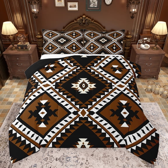 jejeloiu Vintage Aztec Rhombus Bedding Comforter Set,Brown Black White Twin Comforter Sets,Boho Tribal Geometric Bedding Set For Kids,Luxury Bedroom Decor Reversible,2 Pieces