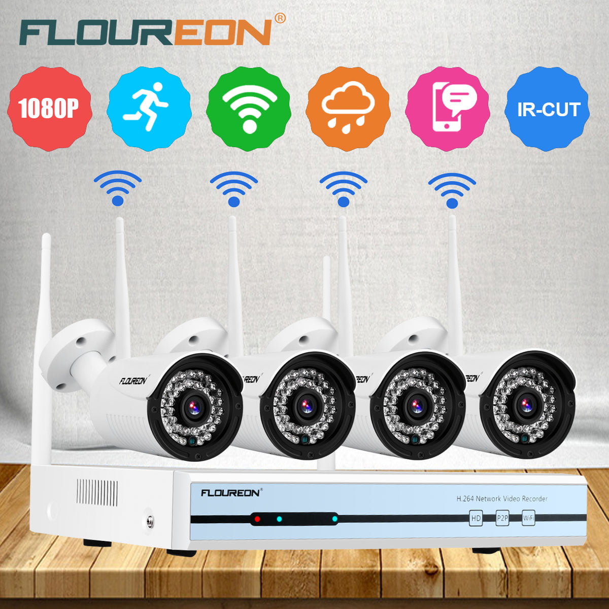 4CH Wireless CCTV 1080P DVR Kit Outdoor Wifi WLAN IP Camera Security NVR System 