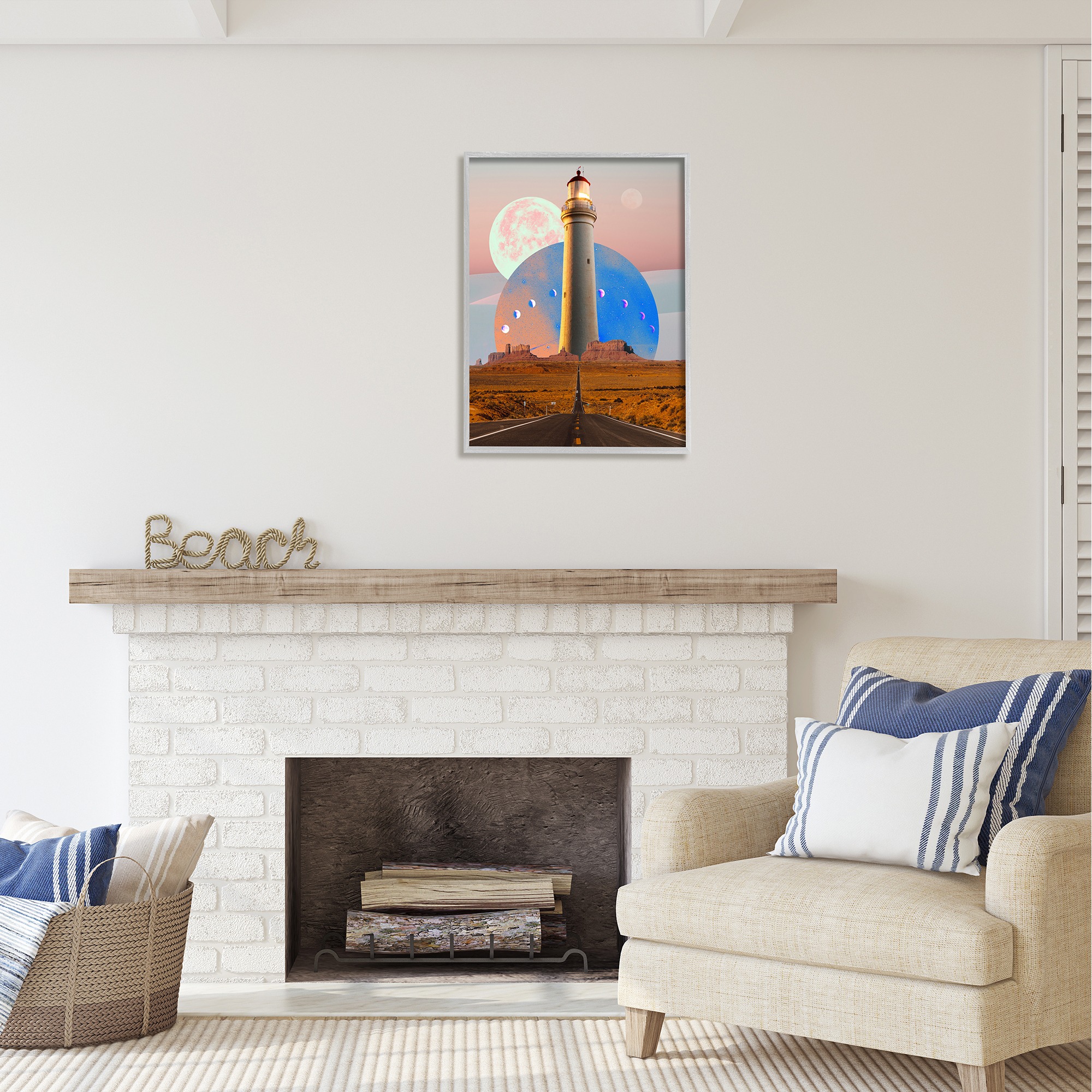 Stupell Industries Surreal Lighthouse in Desert Landscape Painting Gray Framed Art Print Wall Art, 24 x 30