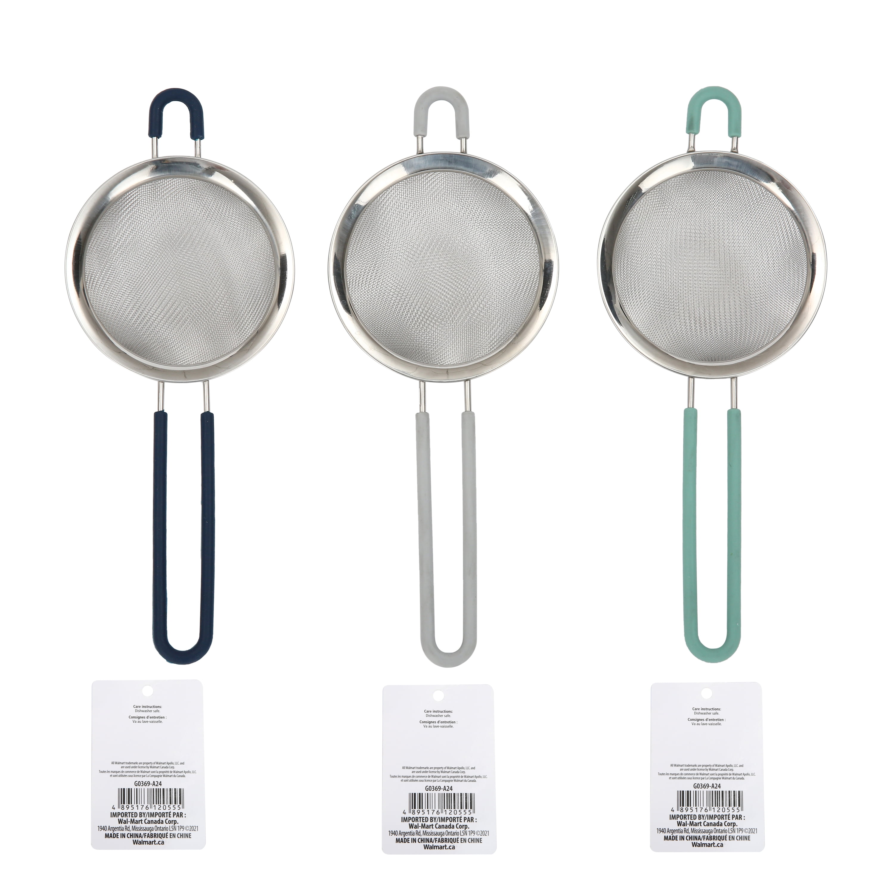 Passoire de 3 po en acier inoxydable Mainstays avec poignée recouverte de silicone en bleu gris ou sarcelle