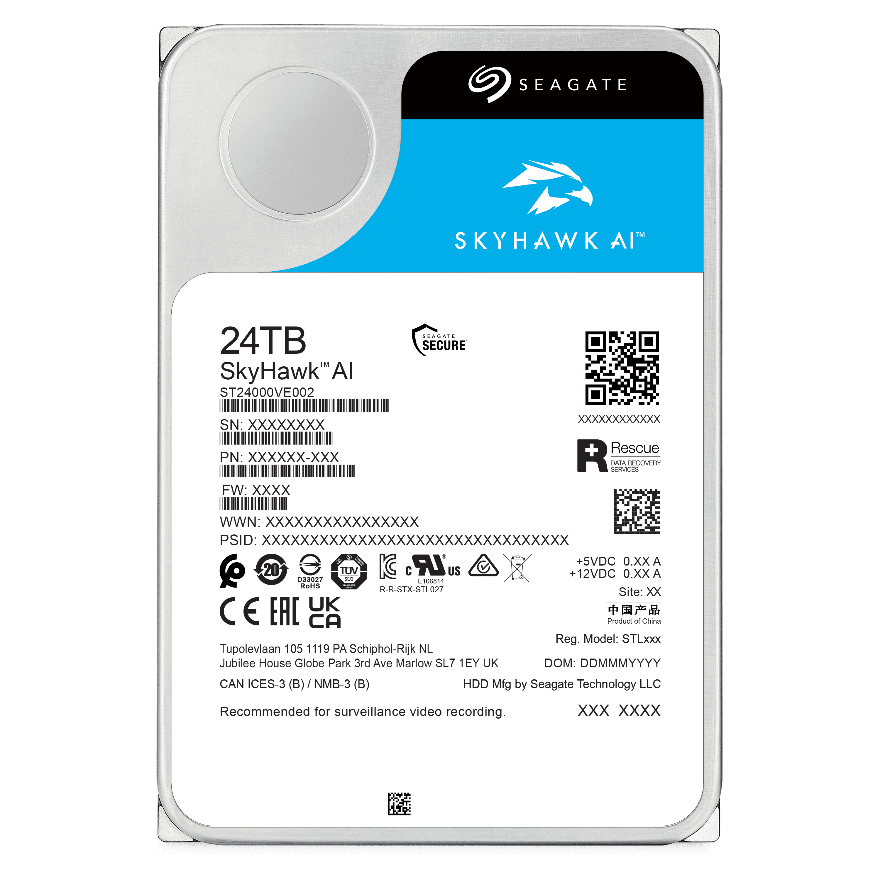 Seagate SkyHawk AI ST24000VE002 24TB 7200 RPM 512MB Cache SATA 6.0Gb/s 3.5" Internal Hard Drive