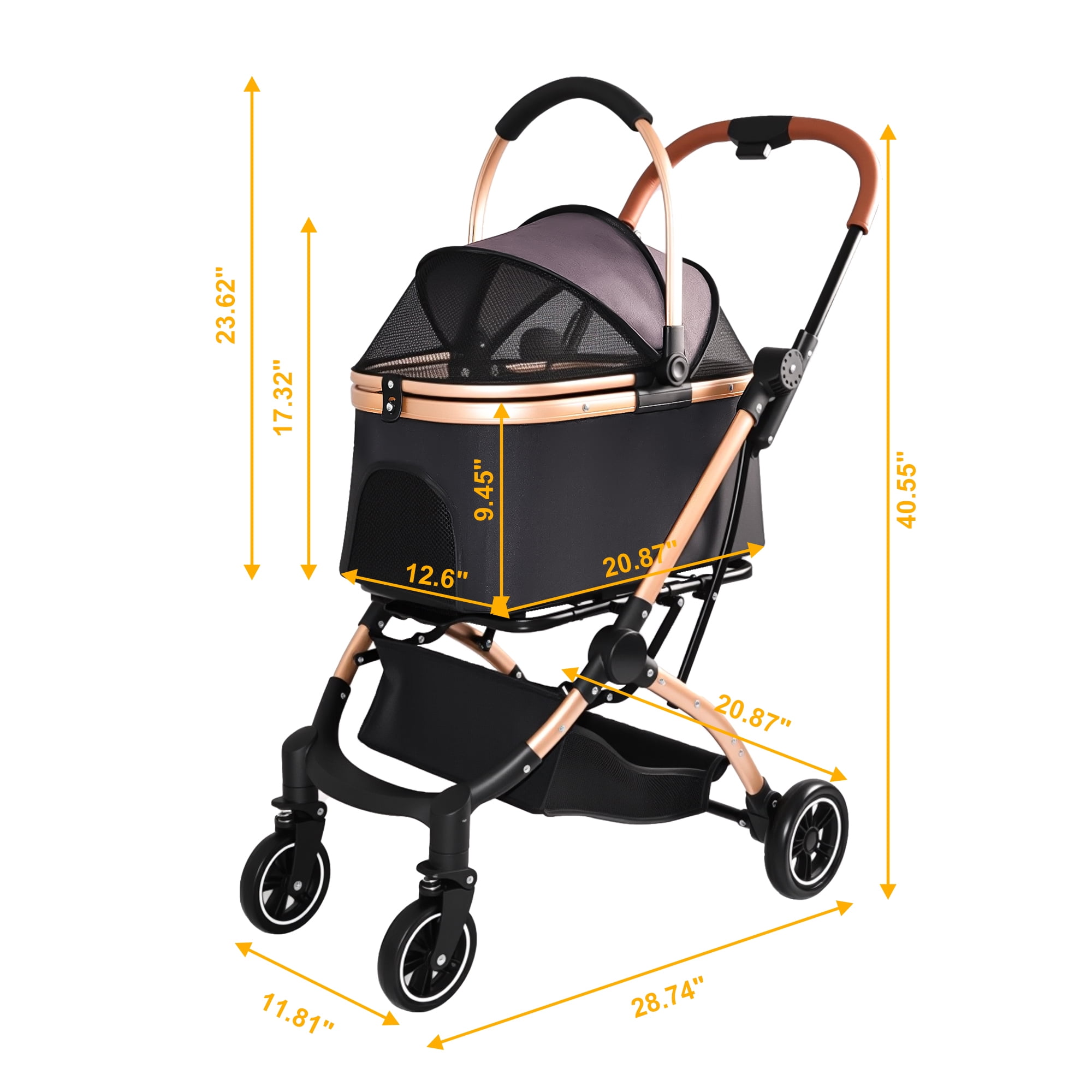 Foldable Pet Stroller for Small/Medium Dogs and Cats, Convertible Pet Cart with Detachable Carrier, Caster & Storage Basket